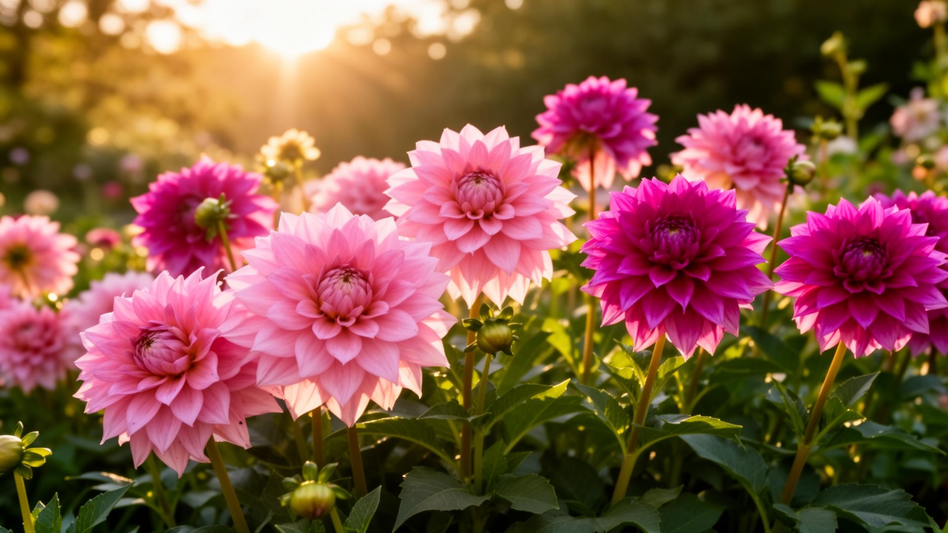 Dahlia garden at golden hour